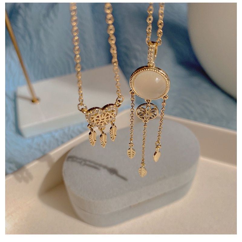 YeYi Vòng cổ Thép Titan Mặt Hình Lông Vũ Đính Đá Opal Phong Cách Hàn Quốc Cho Nữ