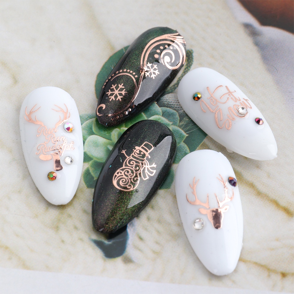 Bộ 9 Miếng Dán Móng Tay 3D Hình Bông Tuyết Tuần Lộc Giáng Sinh Lấp Lánh