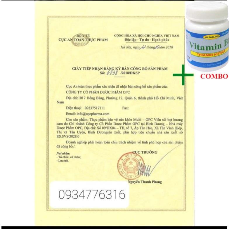 Combo Vitamin B1 chai 100 viên+ Sủi multi OPC tuýp 20 viên bổ  sung vitamin và khoáng chất
