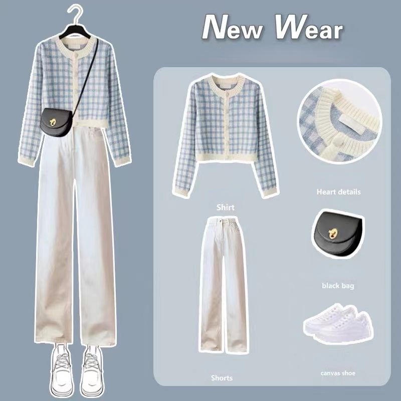 Bộ Áo Khoác Cardigan Dệt Kim + Quần Jeans Lưng Cao Thời Trang Phương Tây