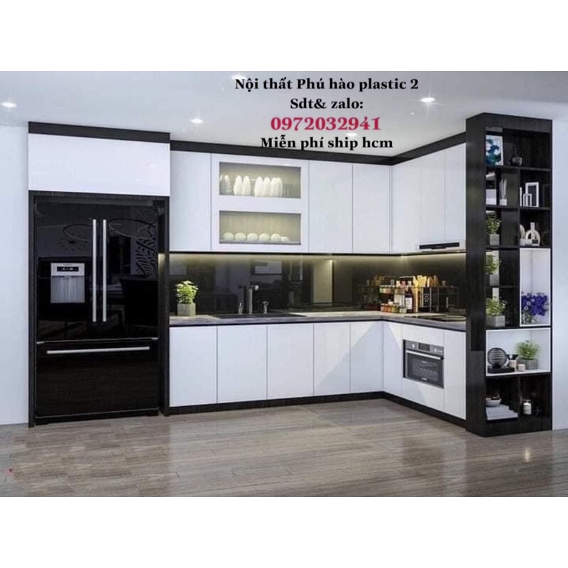 Tủ bếp hình L nhựa vincoplast cao cấp đóng theo yêu cầu