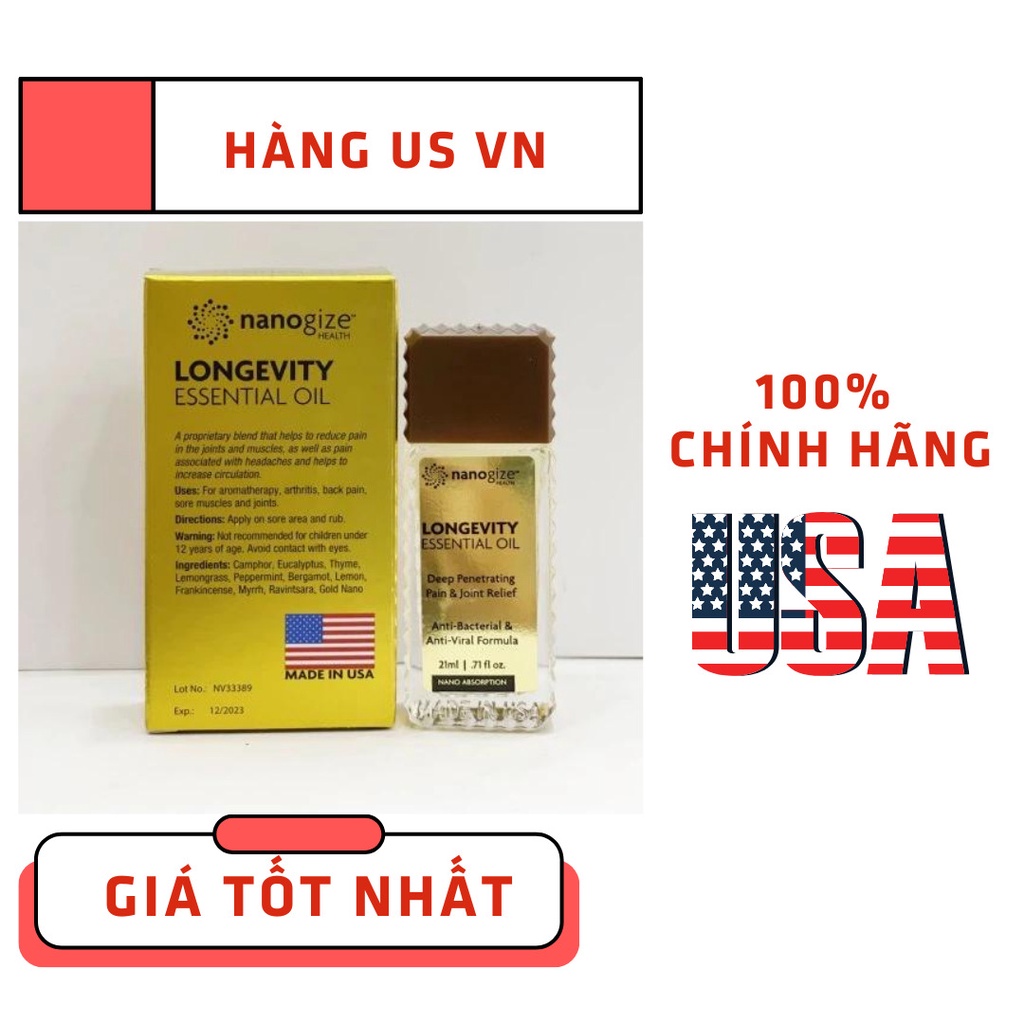 Dầu Nóng Xoa Bóp Nhập Khẩu Từ Mỹ - Nanogize Longevity Essential Oil 21ml - Giảm đau nhức và lưu thông máu