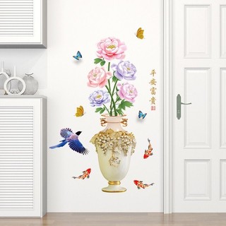Decal dán tường bình hoa hồng 3D