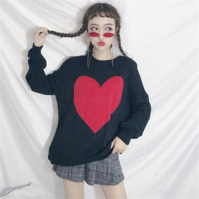 Áo Sweater Dệt Kim Dáng Rộng In Hình Trái Tim Phong Cách Thời Trang Mới Cho Nữ