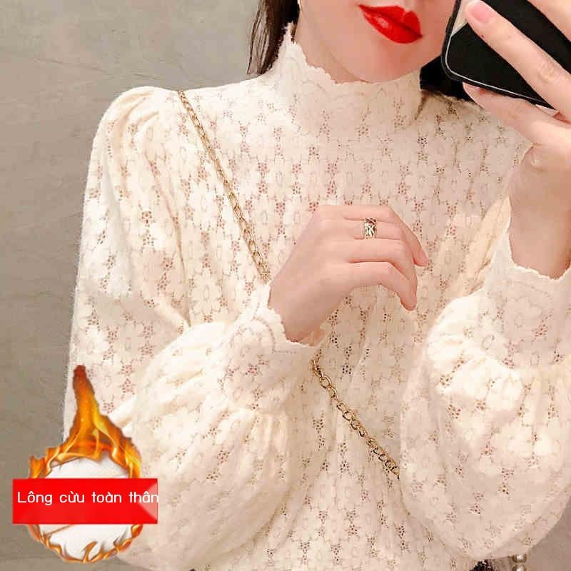 Áo Thun Trắng Tay Dài Cổ Lọ Phối Ren Thời Trang Thu Đông Phong Cách Phương Tây Mới Cho Nữ