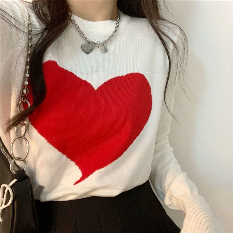 Áo Sweater Dệt Kim Tay Dài Họa Tiết Trái Tim Dễ Thương Cho Nữ  tao bao