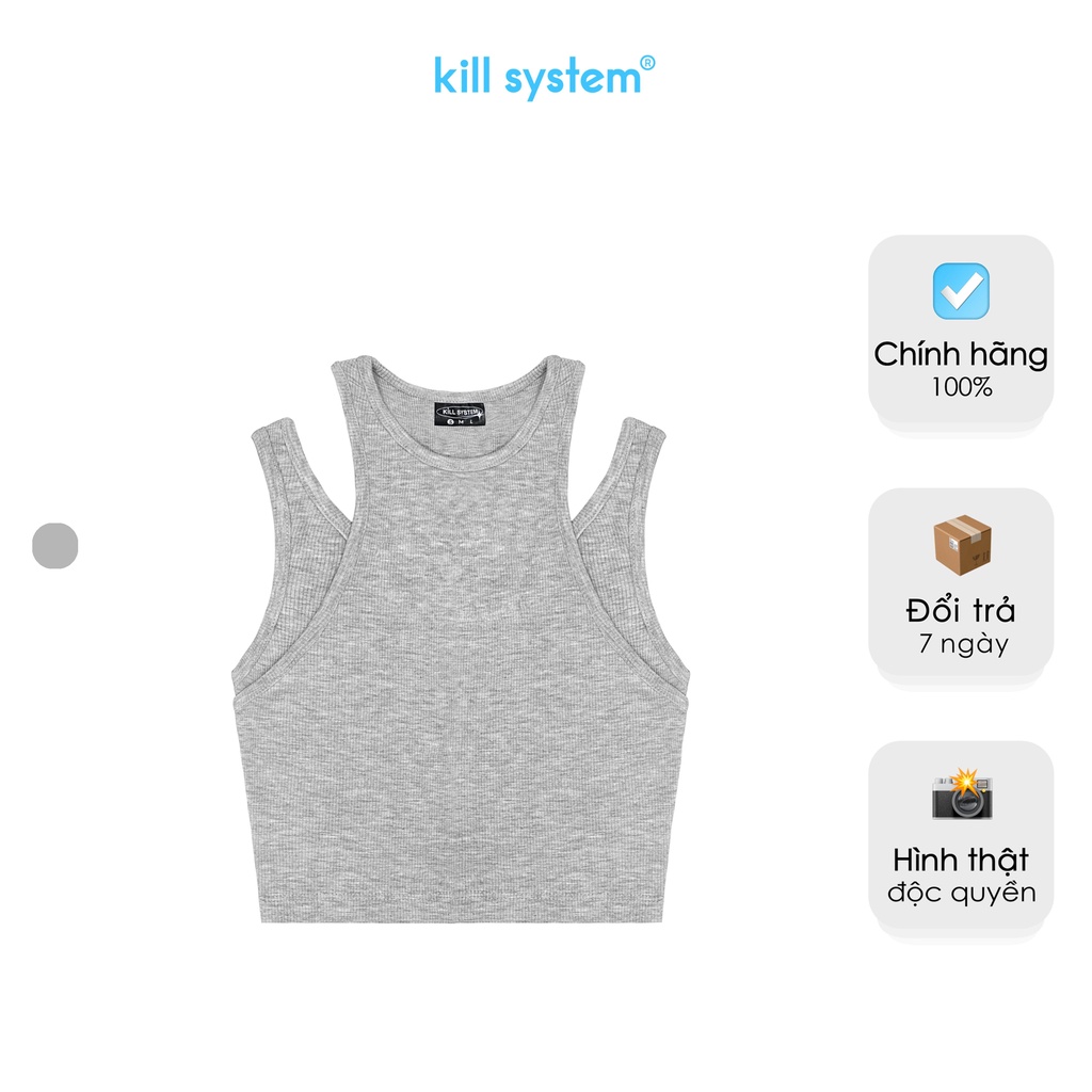Áo ba lỗ khoét vai, croptop màu xám trơn giả hai áo, thun co giãn KillSystem