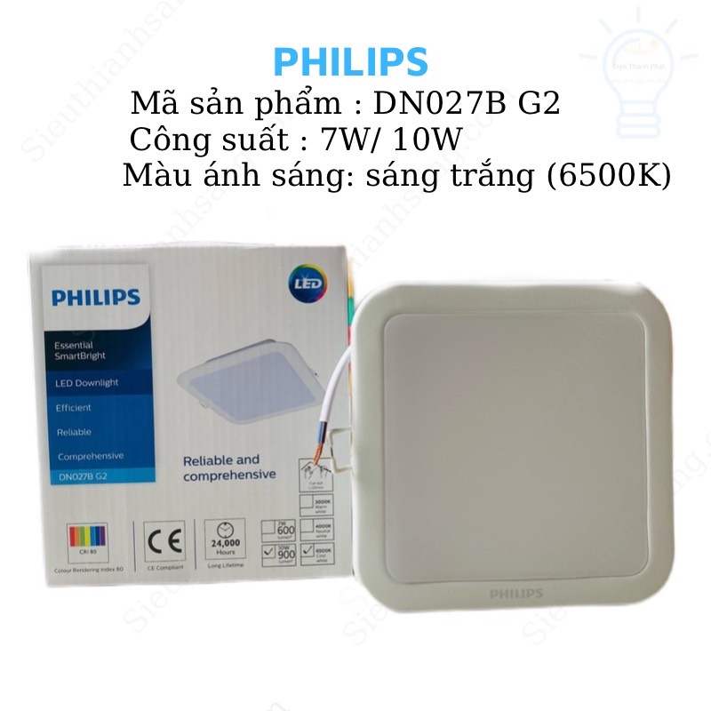 Bộ đèn led âm trần vuông PHILIPS DN027B G2 công suất 7W, 10W 6500K - Ánh sáng trắng