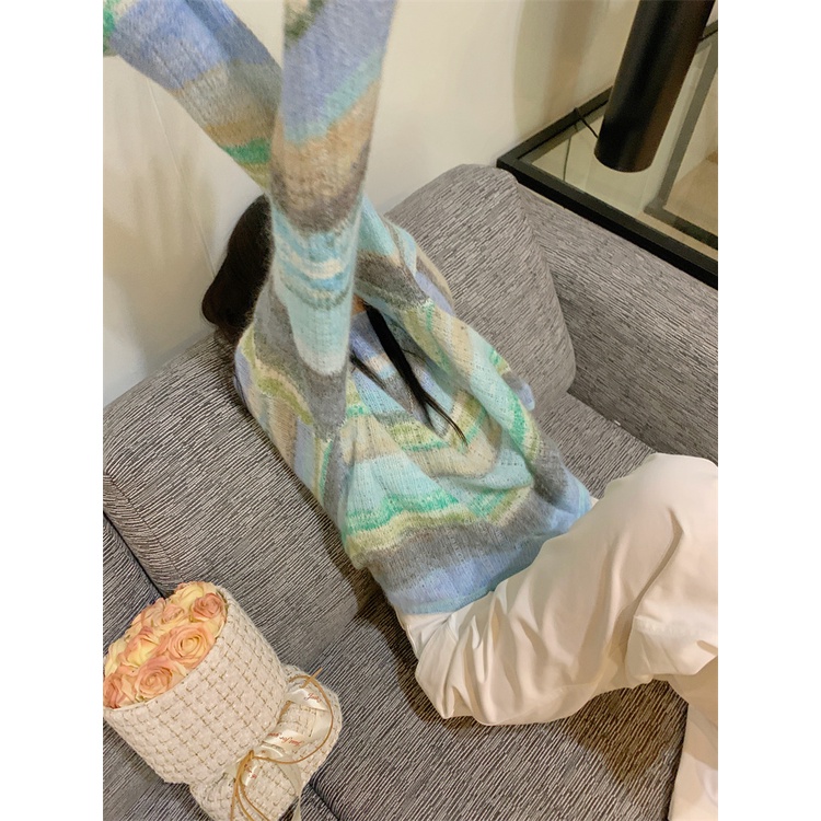 Áo dệt kim mềm tay dài dáng rộng họa tiết màu nhuộm trẻ trung thời trang mùa thu cho nữ