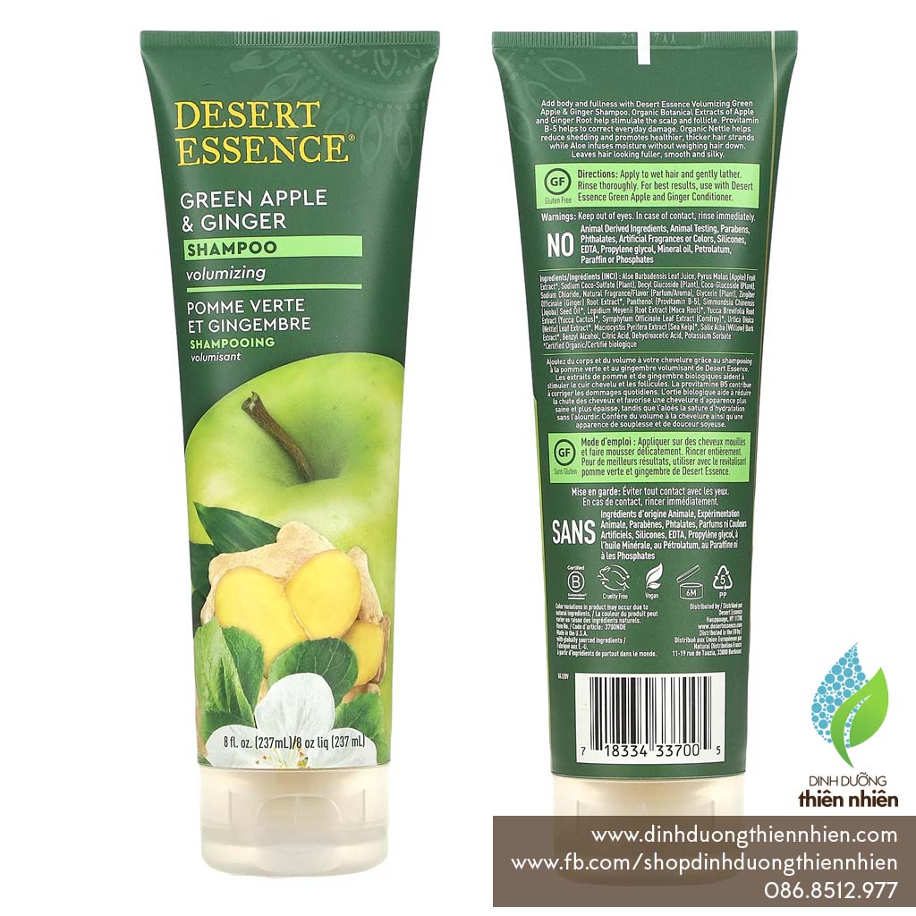 Dầu Gội Dầu Xả Desert Essence Organic Shampoo, Giúp Tóc Dày, Hương Táo & Gừng, 237ml