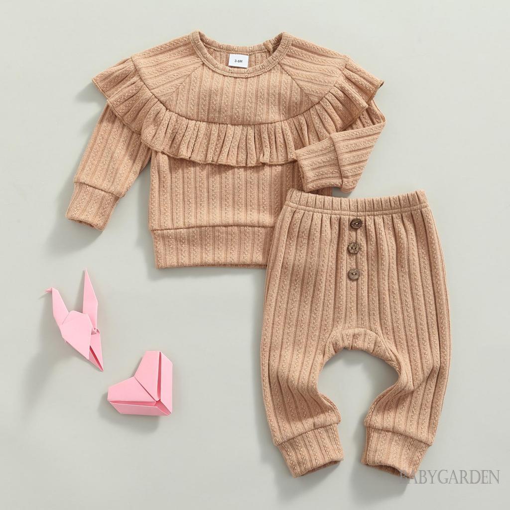 Set Áo Thun Tay Dài Cổ Tròn Màu Trơn Phối Quần Dài Lưng Thun Thời Trang Xinh Xắn Cho Bé Gái 0-18 Tháng Tuổi