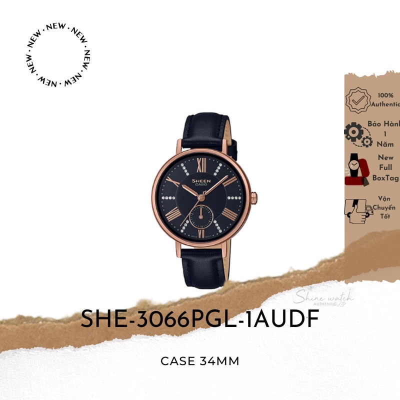 Đồng Hồ Nữ Casio Sheen SHE-3066PGL-1AUDF Dây Da Đen