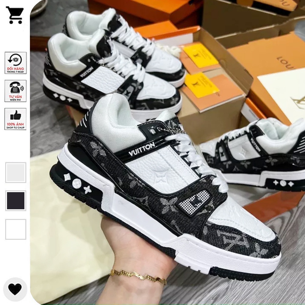 Giày Louis Vuitton LV Trainer Monogram Denim Black White màu đen trắng, giày LV nam nữ siêu phẩm