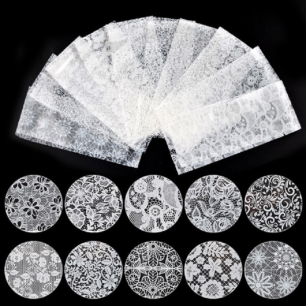 [Hàng Có Sẵn] Bộ 10 Miếng Dán Móng Tay Nghệ Thuật Họa Tiết Ren Hoa Lá Màu Trắng (F)