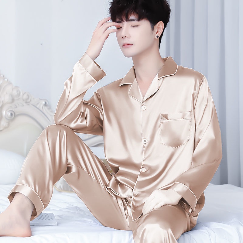 Bộ Đồ Ngủ Tay Dài Vải Lụa Lạnh Mỏng Dáng Rộng Thời Trang Xuân Thu Cho Nam