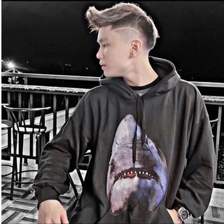 Áo hoodie, áo nỉ có mũ in họa tiết cá mập trước ngực cho boy phố