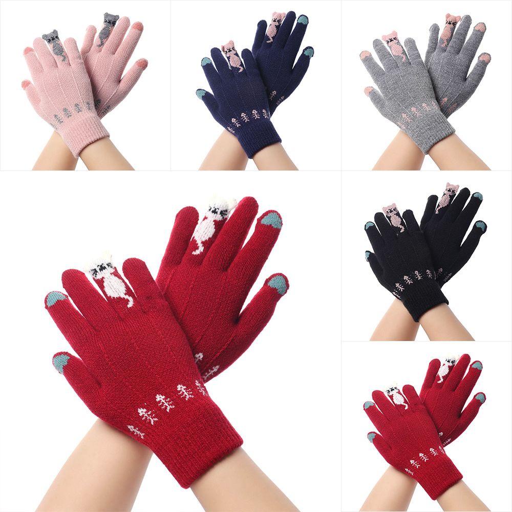 Găng Tay Dệt Kim Co Giãn Giữ Ấm Ngón Tay Hình Mèo Hoạt Hình Dễ Thương Cho Nam Và Nữ