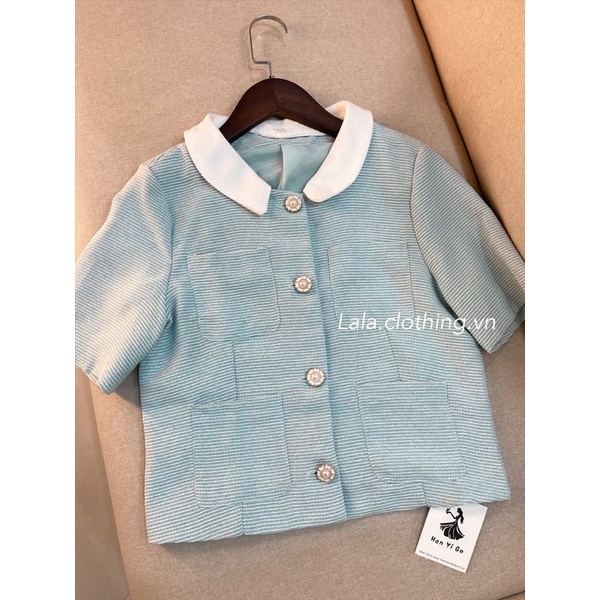 Áo dạ tweed mỏng xanh tay ngắn