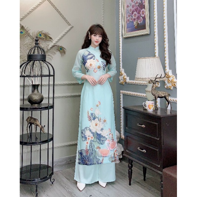 PT1 Áo dài truyền thống Áo dài may sẵn họa tiết hoa sen 4 tà vải tơ óng đính kết mềm mại