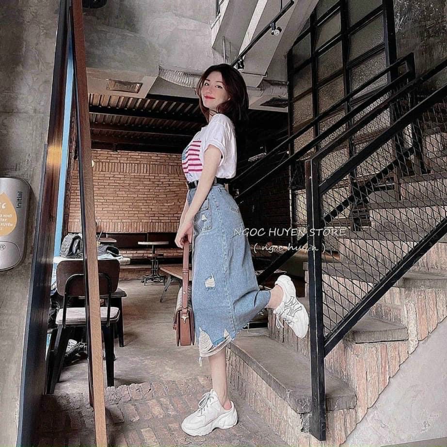 Chân Váy Bò Dáng Dài Túi Hộp Rách Tua Rua Xẻ Tà Trước Cá Tính - 449