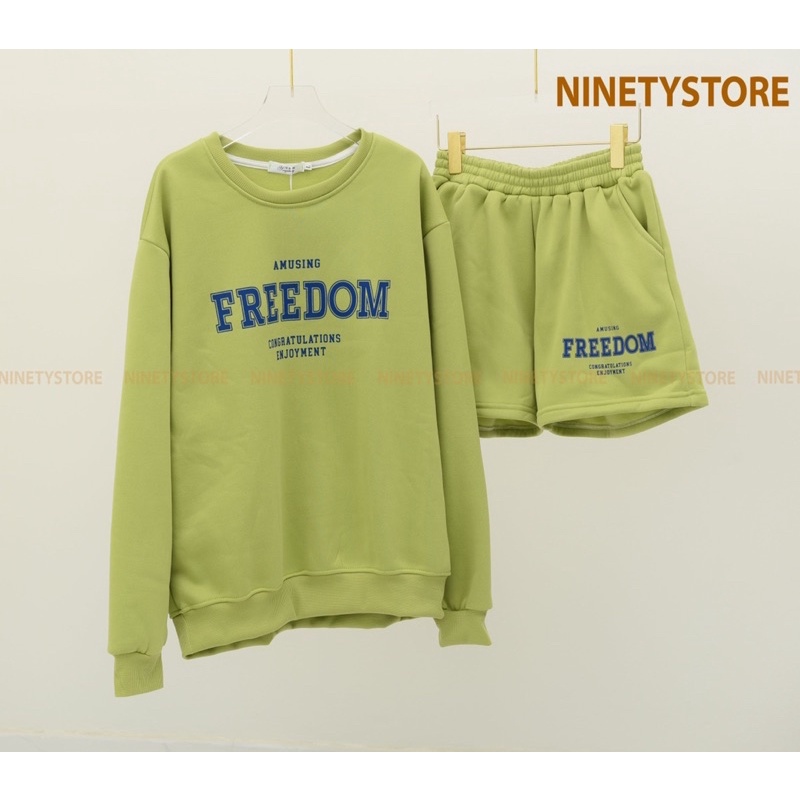 Set nỉ áo dài tay kèm quần đùi dáng rộng, set thu đông chất nỉ bông dày dặn phong cách ulzzang