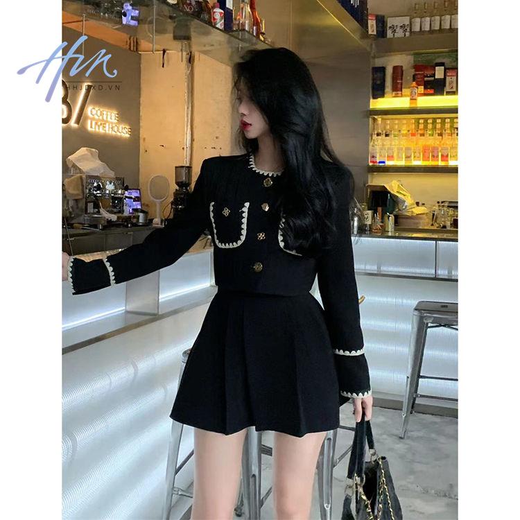 Váy Cạp Cao Thời trang phù hợp với phụ nữ mùa thu 2022 phong cách mới ngắn áo khoác màu đen cao eo nửa váy