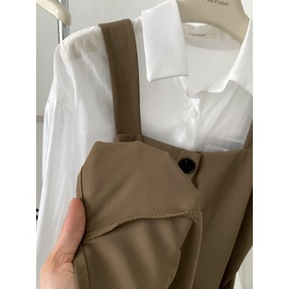 Váy Yếm Set Bộ Sơ Mi Trắng Phối Yếm Váy Buộc Dây Eo Freesize