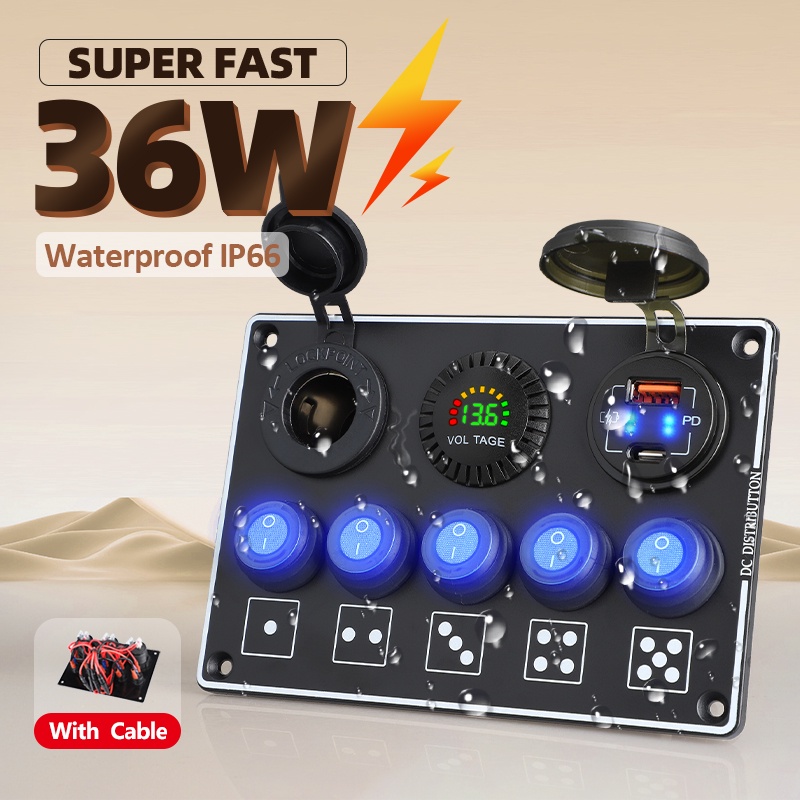 Bảng Điều Khiển Công Tắc Bật / Tắt Đèn LED Kỹ Thuật Số 5 Gang 12V 24V QC3.0 & PD USB Kép Cho Xe Hơi