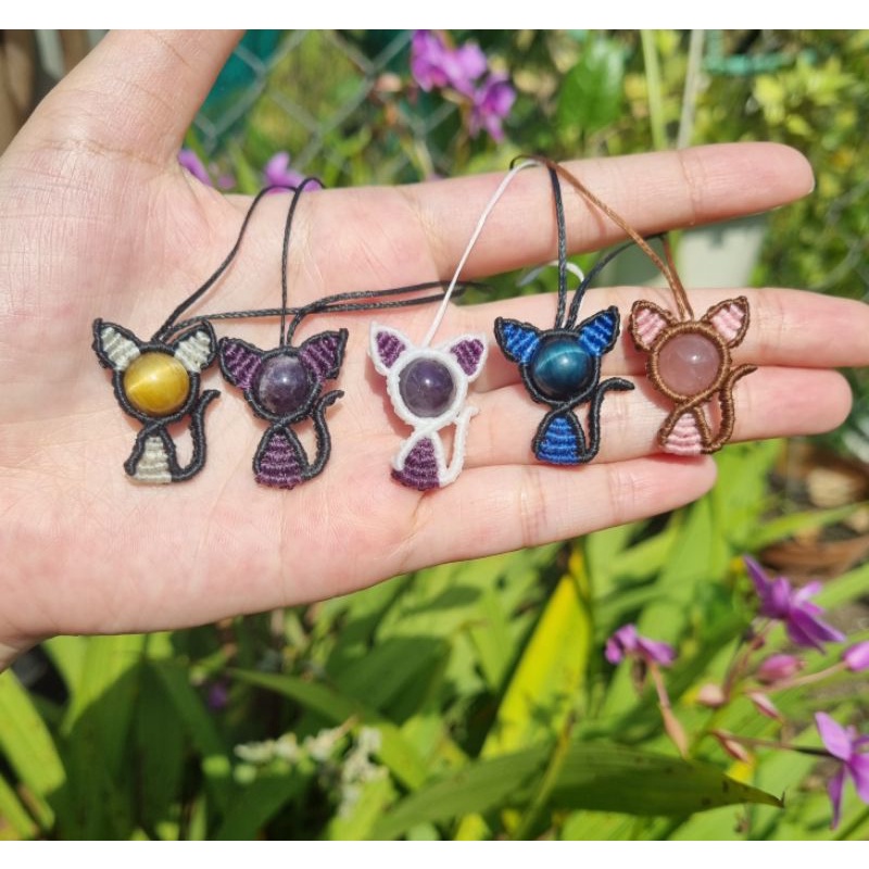 Móc khóa mèo thắt macrame, dây chuyền mèo phối 1 hạt c.r.y.s.t.a.l