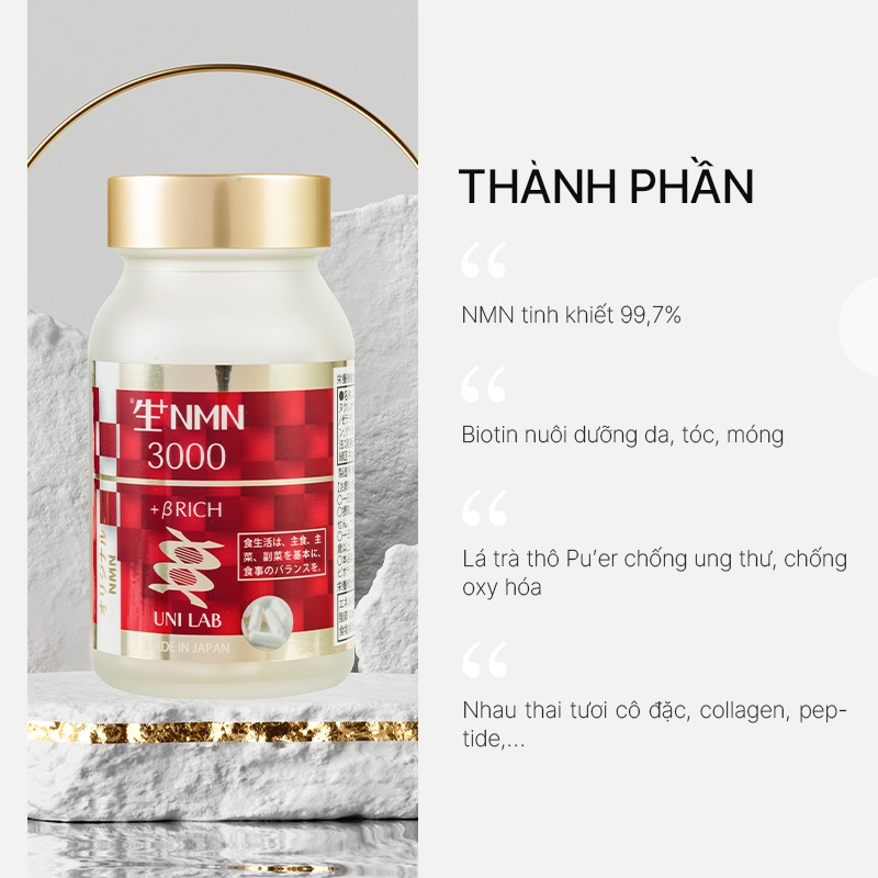 Viên uống trẻ hóa NMN 3000 βRich Unilab Nhật Bản 60 Viên Điều Hòa Nội Tiết Phục Hồi Da Bổ Sung Collagen Tăng Miễn Dịch