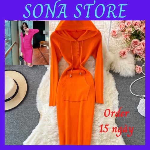 Váy body len gân dệt kim đầm ôm nữ sexy kèm mũ có túi chất đẹp dày mịn sang chảnh bánh bèo cute hàng quảng châu cao cấp