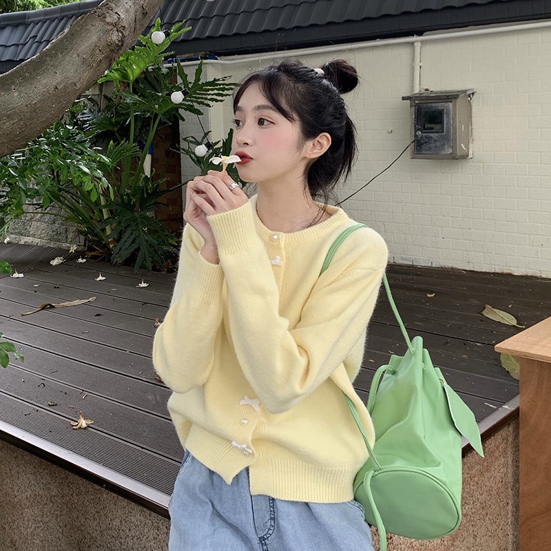 Áo Khoác Cardigan Dệt Kim Dáng Rộng Phối Nút Thắt Nơ Xinh Xắn Cho Nữ