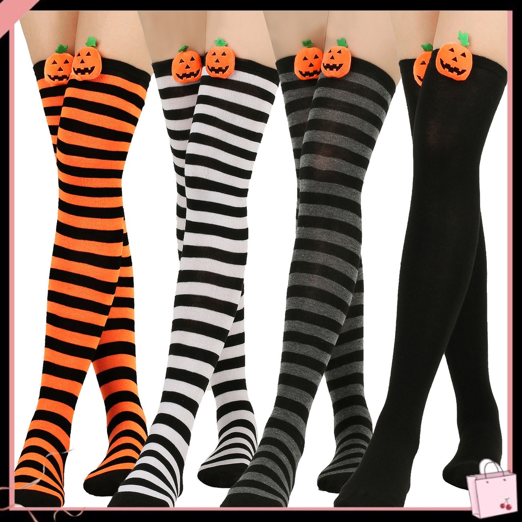 1 Đôi Vớ Dài Qua Gối Giữ Ấm Mềm Mại Co Giãn Cao Màu Trơn Họa Tiết Bí Ngô Vui Nhộn Cho Tiệc Halloween