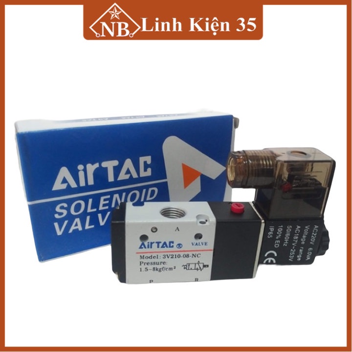Van điện từ khí nén AIRTAC 3V210-08 đầu 3/2 3 cổng 2 vị trí, 1 đầu coil điện 220V chính hãng, chất lượng