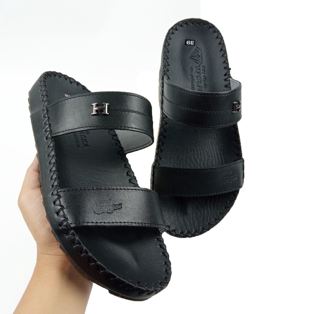 Dép nam thời trang H76 quai ngang da bò cao cấp màu đen thanh lịch đế khâu chắc chắn,giá tốt