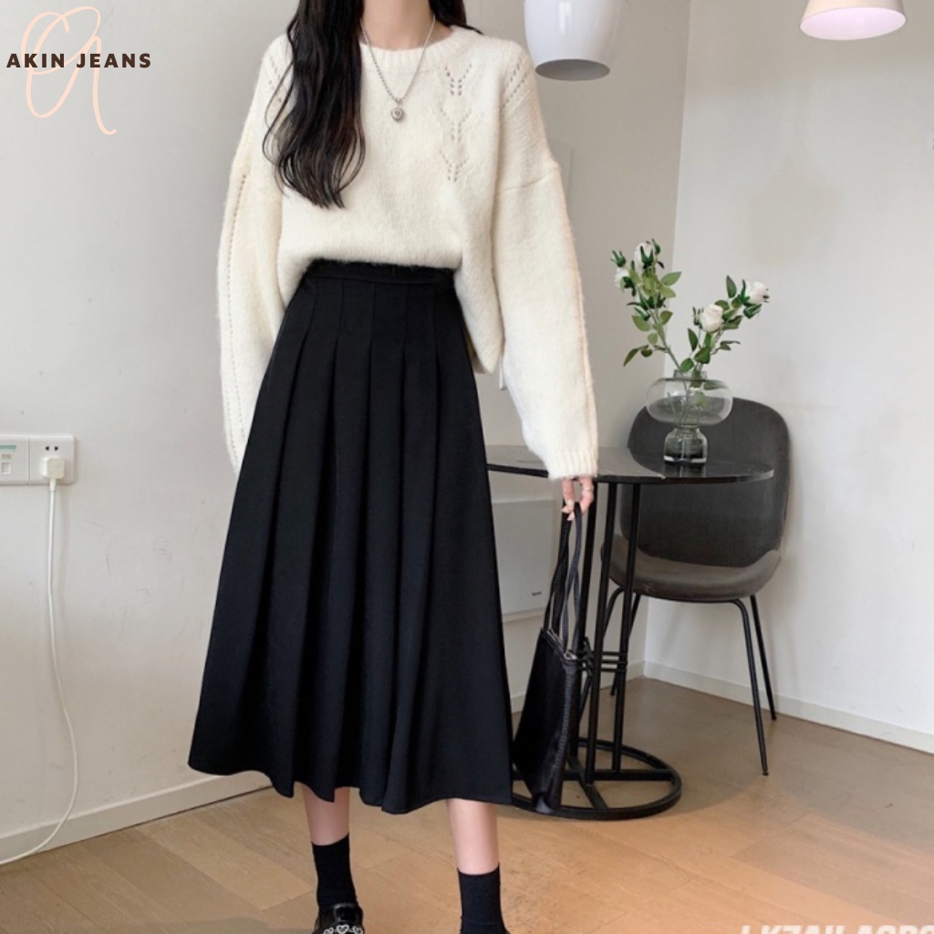 Chân Váy Xếp Ly, Akin Jeans, Váy Midi Xoè Dáng Dài Qua Gối Cạp Cao Phong Cách Ullzang Hàn Quốc, VXLD