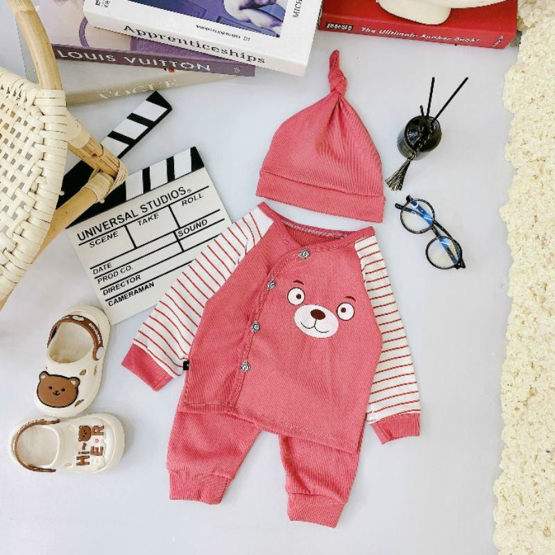 Bộ Quần Áo Sơ Sinh Len Tăm Thu Đông Kèm Mũ Cho Bé 3-8kg
