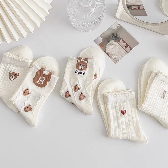 Tất Vớ Cổ Cao Nữ Jengiang họa tiết hình gấu chất liệu vải ren co giãn thời trang Hàn Quốc DO18