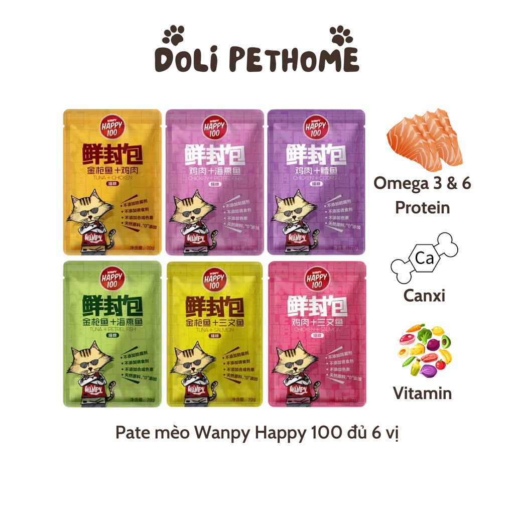 Pate cho mèo Wanpy Happy 100, Thức ăn cho mèo, Gói 70g [Doli Pethome]