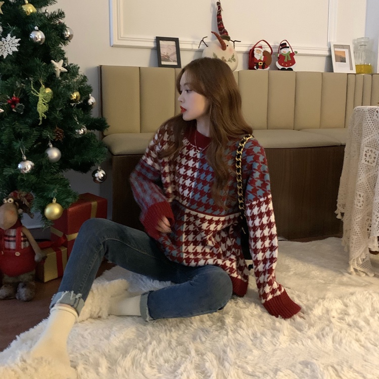 ZHELIHANGFEI Áo Len Tay Dài Họa Tiết Houndstooth Phong Cách Nhật Bản Dễ Phối Đồ