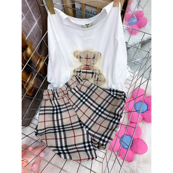Set áo cotton gấu phối ren quần bí đùi xinh xắn