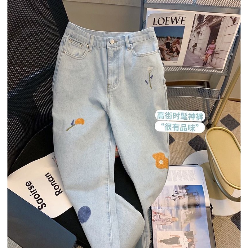Quần Jean Dài Lưng Cao Ống Suông Thêu Hoa Thời Trang 2022 Cho Nữ