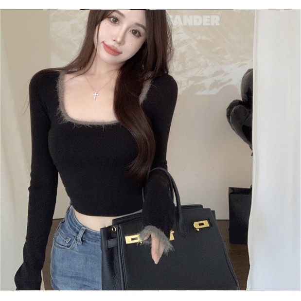 Áo croptop ZHELIHANGFEI tay dài cổ vuông ôm dáng phong cách quyến rũ cho nữ