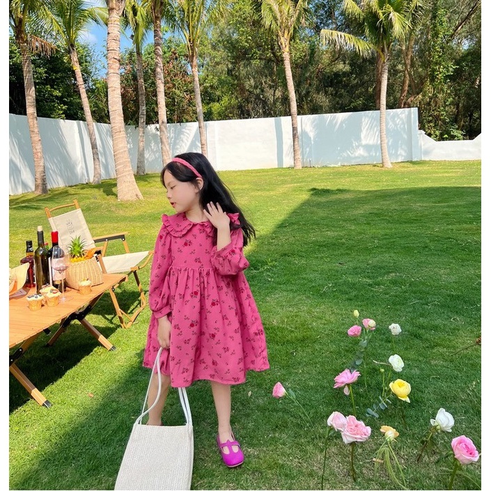 Váy dài tay mùa thu họa tiết hồng cực xinh cho bé gái size nhỡ size đại T03