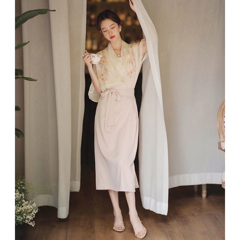 Bộ Áo Cardigan Dáng Rộng + Chân Váy Lưng Cao In Họa Tiết Hoa Phong Cách Trung Quốc Thời Trang Mới 2022 10.24