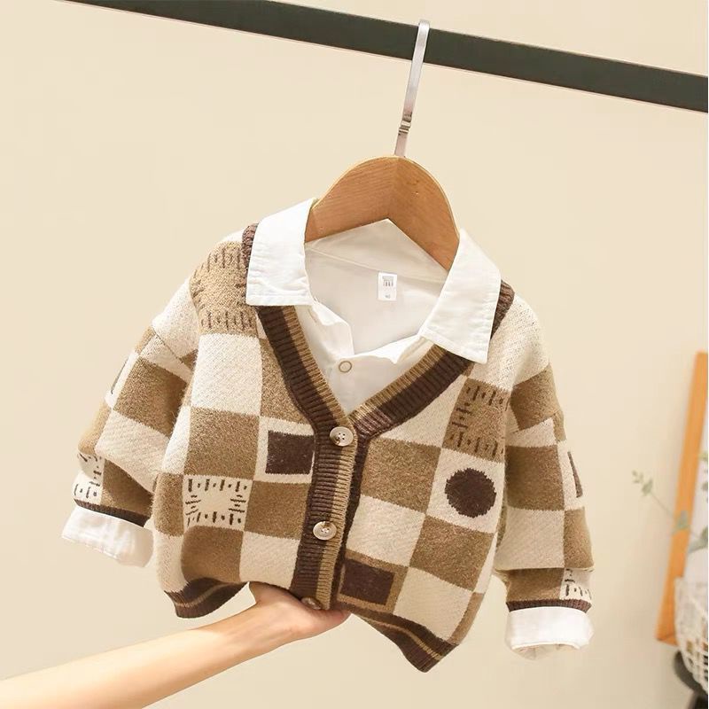 Áo Khoác Cardigan Dệt Kim Họa Tiết Hình Học Thời Trang Xuân Thu Phong Cách Mới Cho Bé Trai