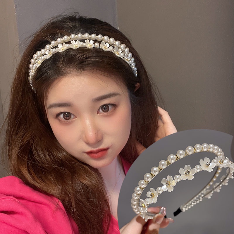 Băng Đô Hai Lớp Đính Hoa Ngọc Trai Phong Cách Hàn Quốc Ngọt Ngào Cho Nữ