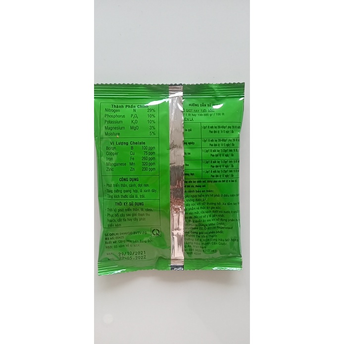 NUTRI GOLD 29-10-10+3MgO+Te Khối lượng 100gr, giúp đấm chồi, phát đọt, xanh lá, tăng kích thước lá-trái.ô