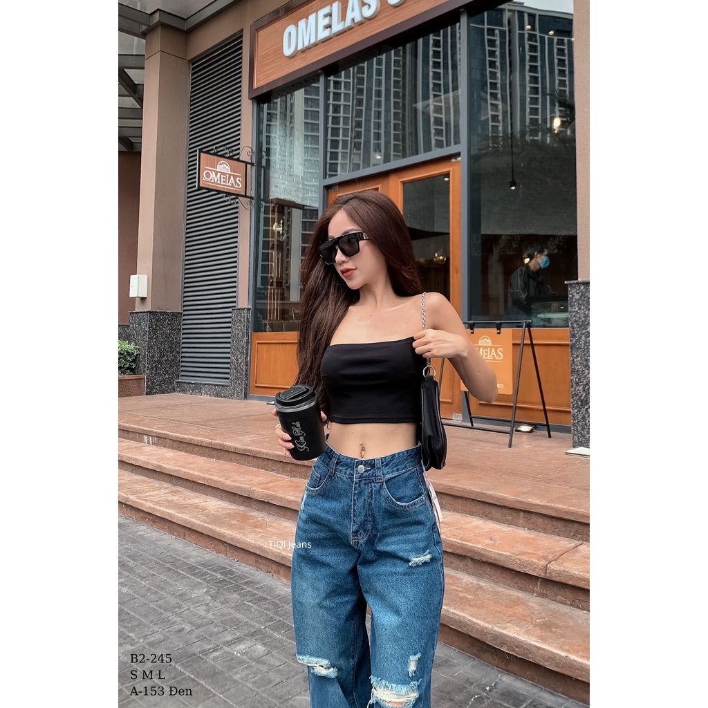 Quần Jean Ống Rộng Suông Nữ Rách Gối Tiqi Jeans B2-245