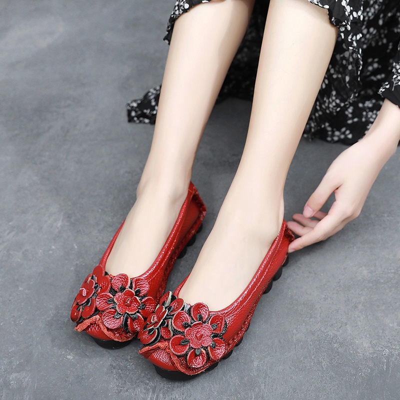 Giày Búp Bê Da Đế Bằng Mũi Tròn Phong Cách Dân Tộc Retro Cho Nữ